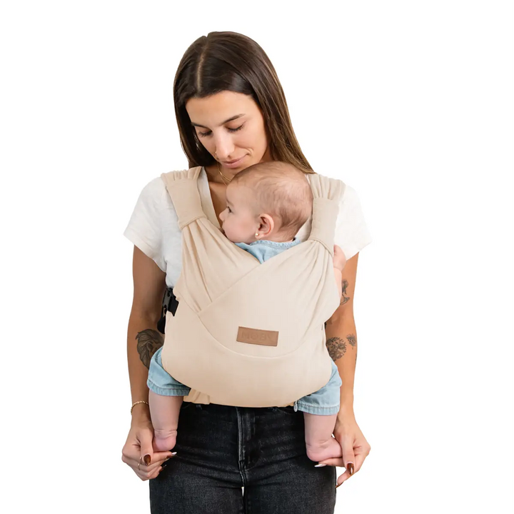 mom wearing baby in moby duet carrier in feather