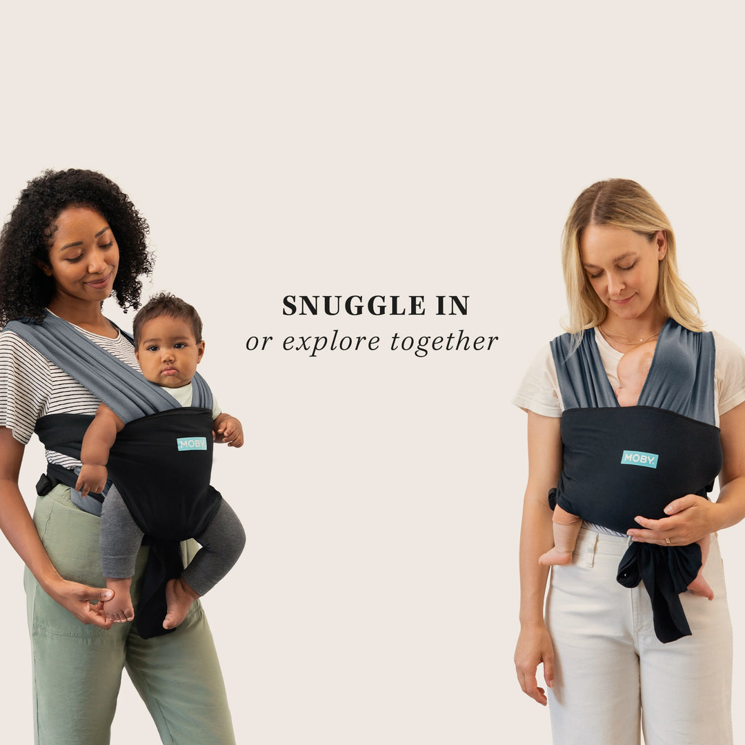 easy-wrap charcoal pictured on two moms demonstrating facing in position or facing out. snuggle in or explore together