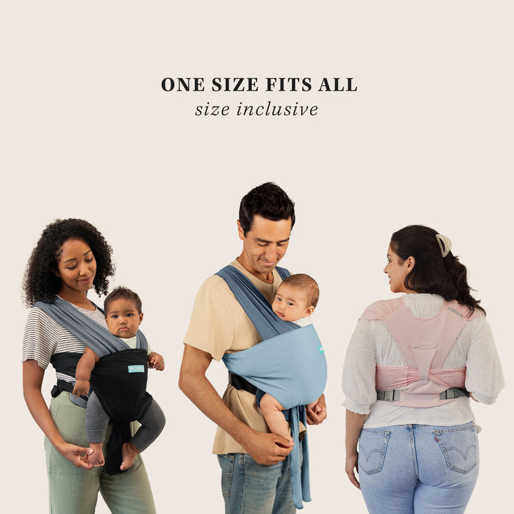 one size fits all. size inclusive. demonstrated on 3 caregivers a shorter heigh mom, taller height dad and plus size mom.