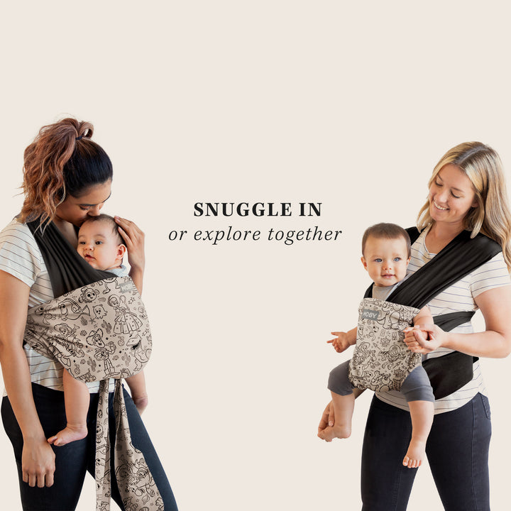 snuggle in or explore together. baby worn facing in or facing out demonstrated by two moms.