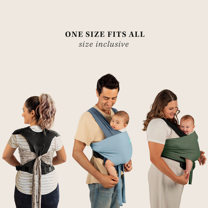 one size fits all, size inclusive. demonstrated as worn on a shorter mom, tall dad and plus size mom.