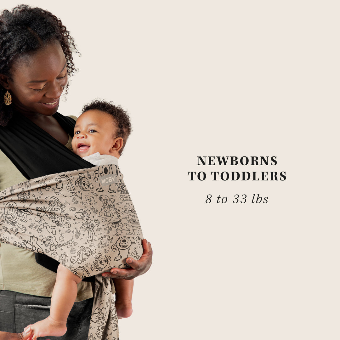 moby easy-wrap newborns to toddlers, 8 to 33 lbs. worn by a mom and her infant.