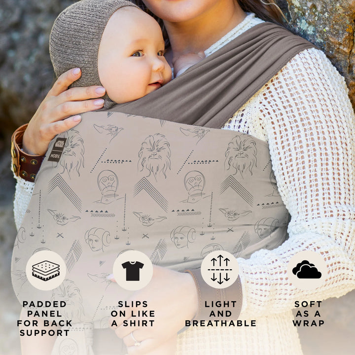 easy-wrap features padded panel for back support, slips on like a shirt, light and breathable, soft as a wrap