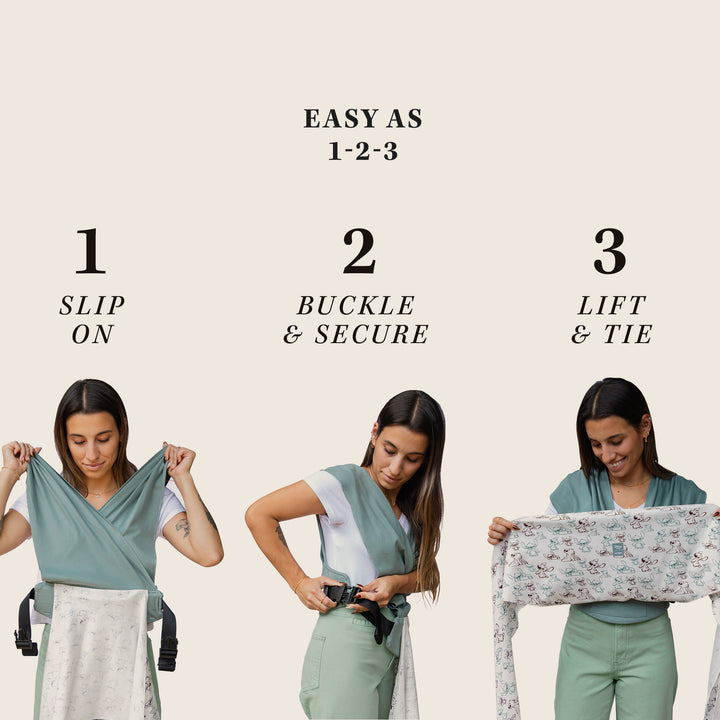 easy-wrap easy as 1-2-3. step 1 slip on, step 2 buckle & secure, step 3 lift and tie