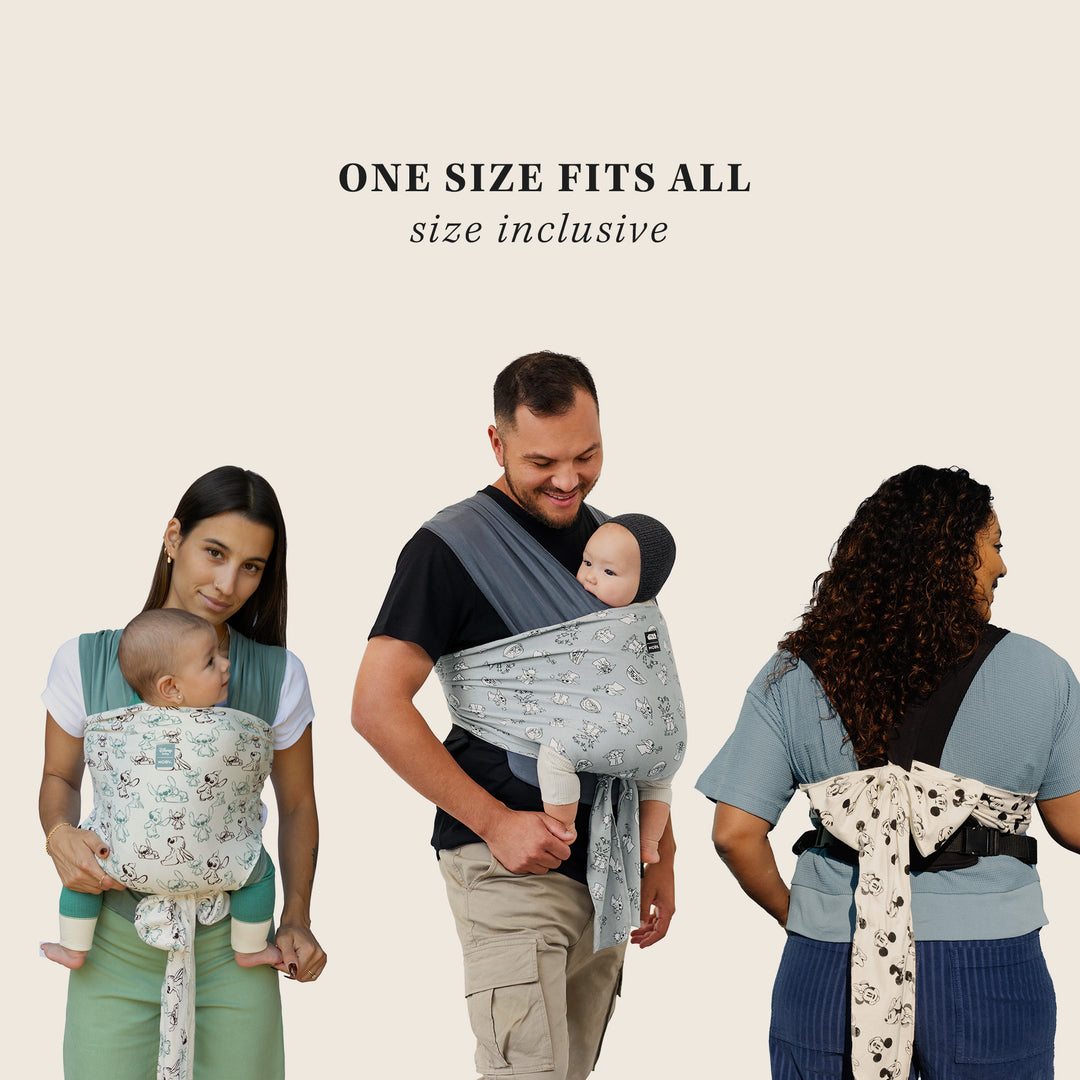 one size fits all size inclusive. moms and ad wearing babies in easy wrap carrier