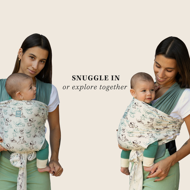 two moms pictured wearing babies of different ages in easy-wrap stitch. snuggle in or explore together.