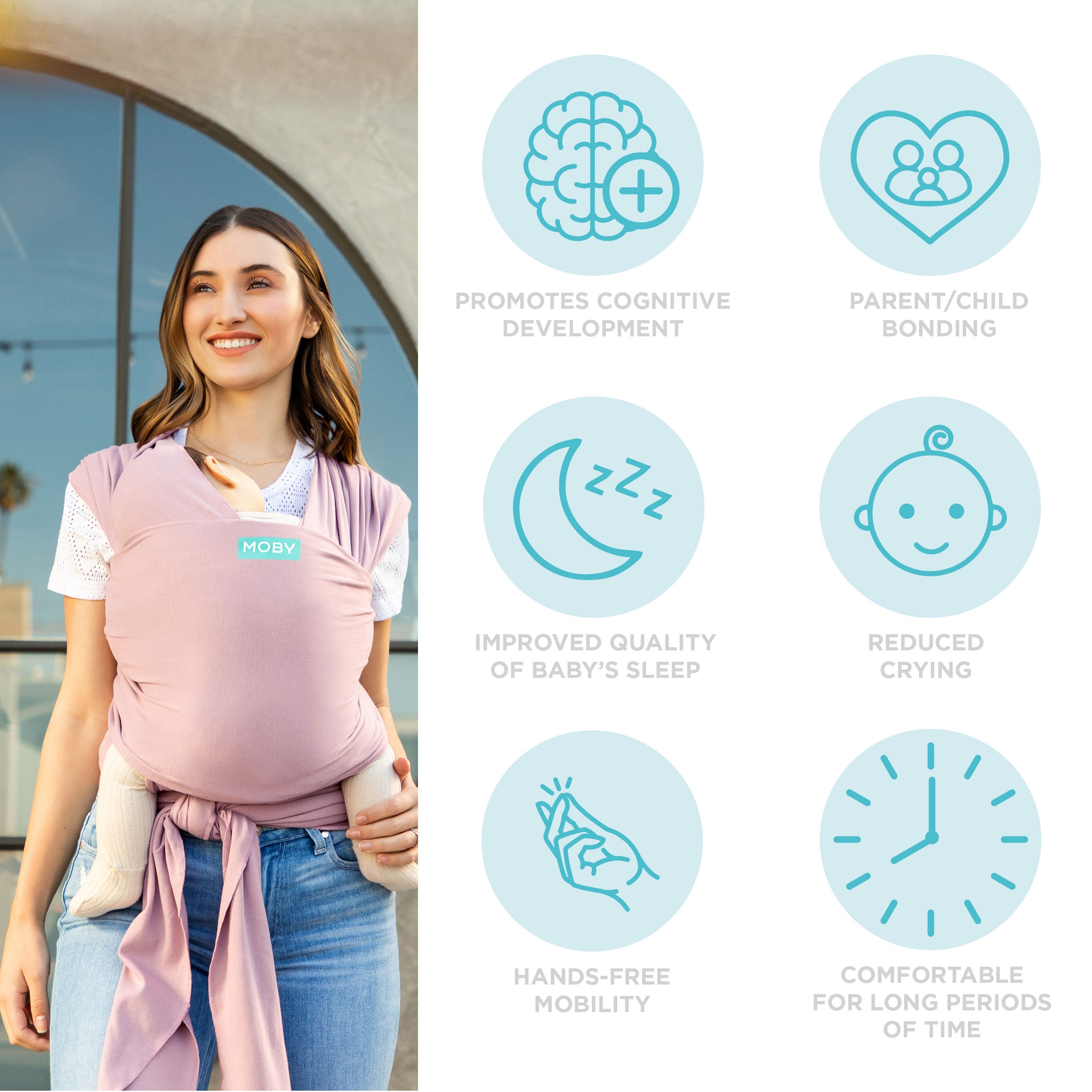 benefits of moby wrap infographic with small icons that read: promotes cognitive development. parent/child bonding, improved quality of sleep, reduces crying, hands free mobility, comfortable for long periods of time