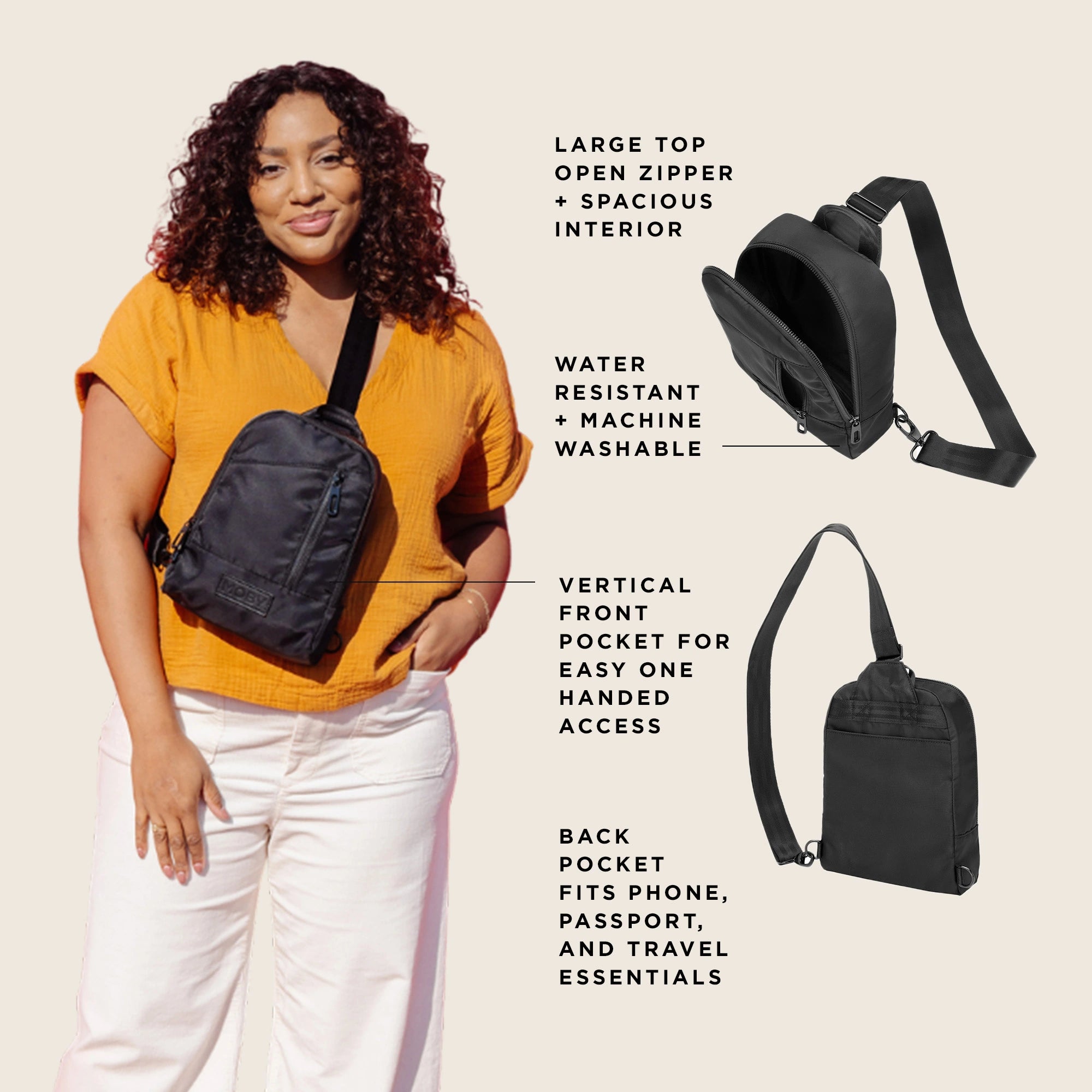 Transit cross body features large top open zipper and spacious interior, water resistant & machine washable fabric, back pocket fits phone, passport and travel essentials