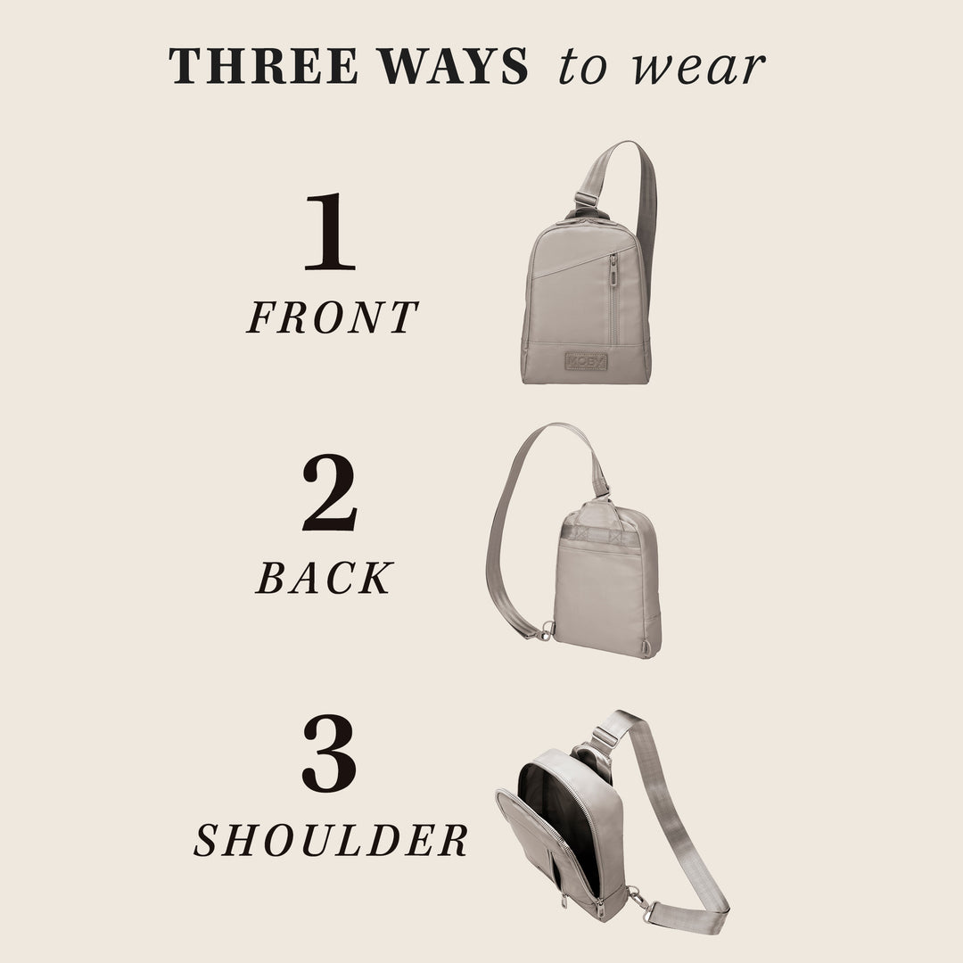 three ways to wear. 1 front 2 back 3 shoulder. featuring the transit cross body