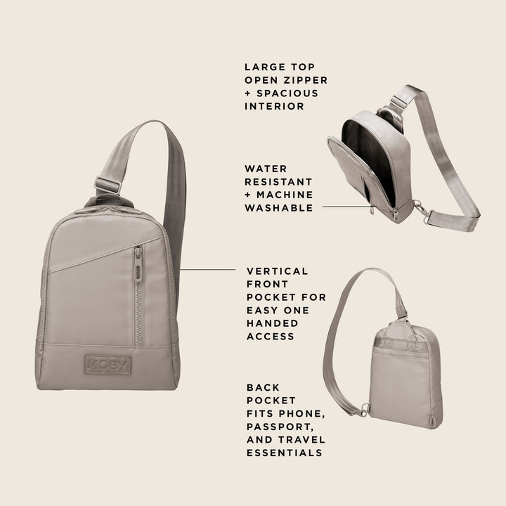 transit cross-body in dune. large top open zipper + spacious interior. water resistant + machine washable verticle front pocket for easy one handed access back pocket fits phone, passport, and travel essentials