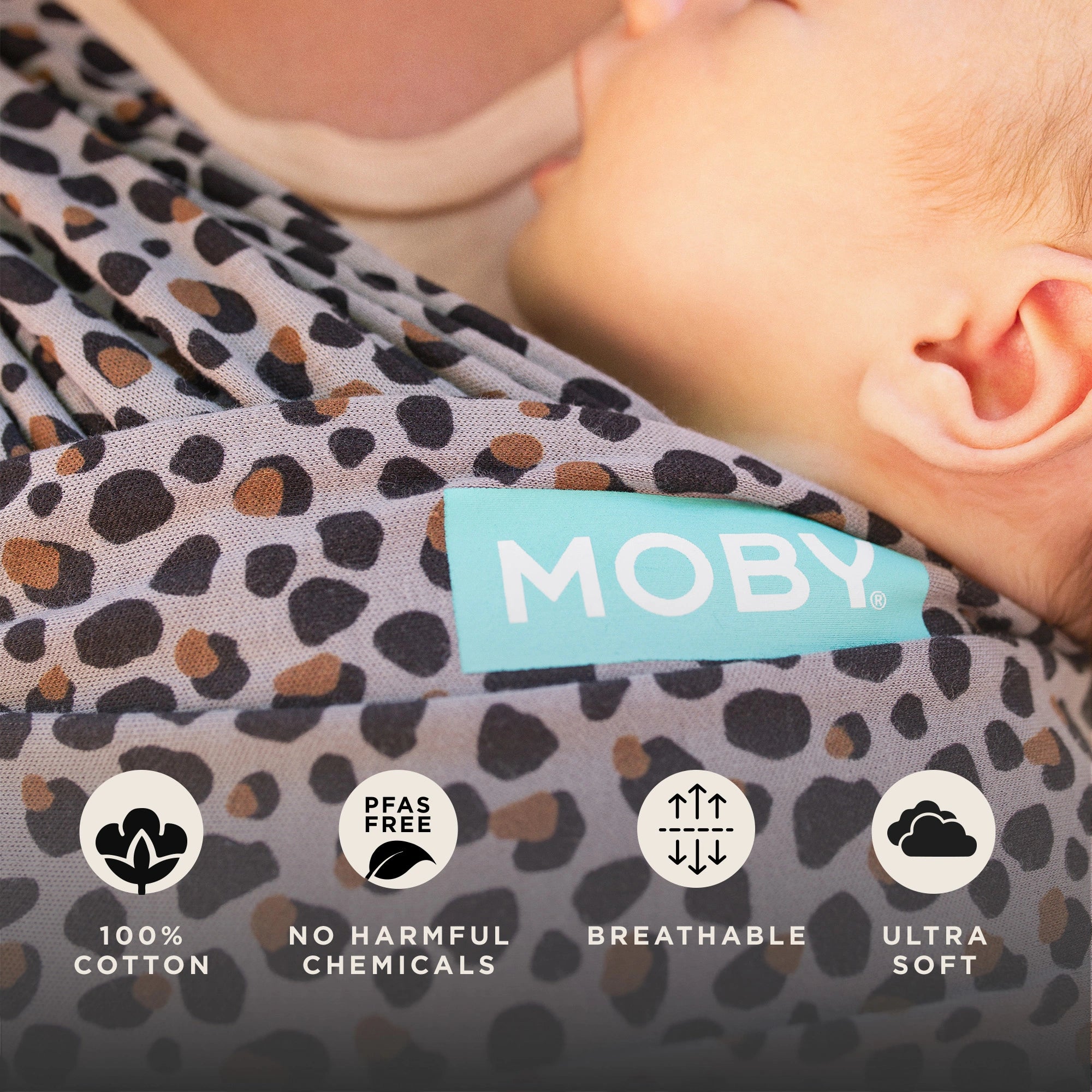 moby wrap features 100% cotton, no harmful chemicals, pfas free, breathable, ultra soft