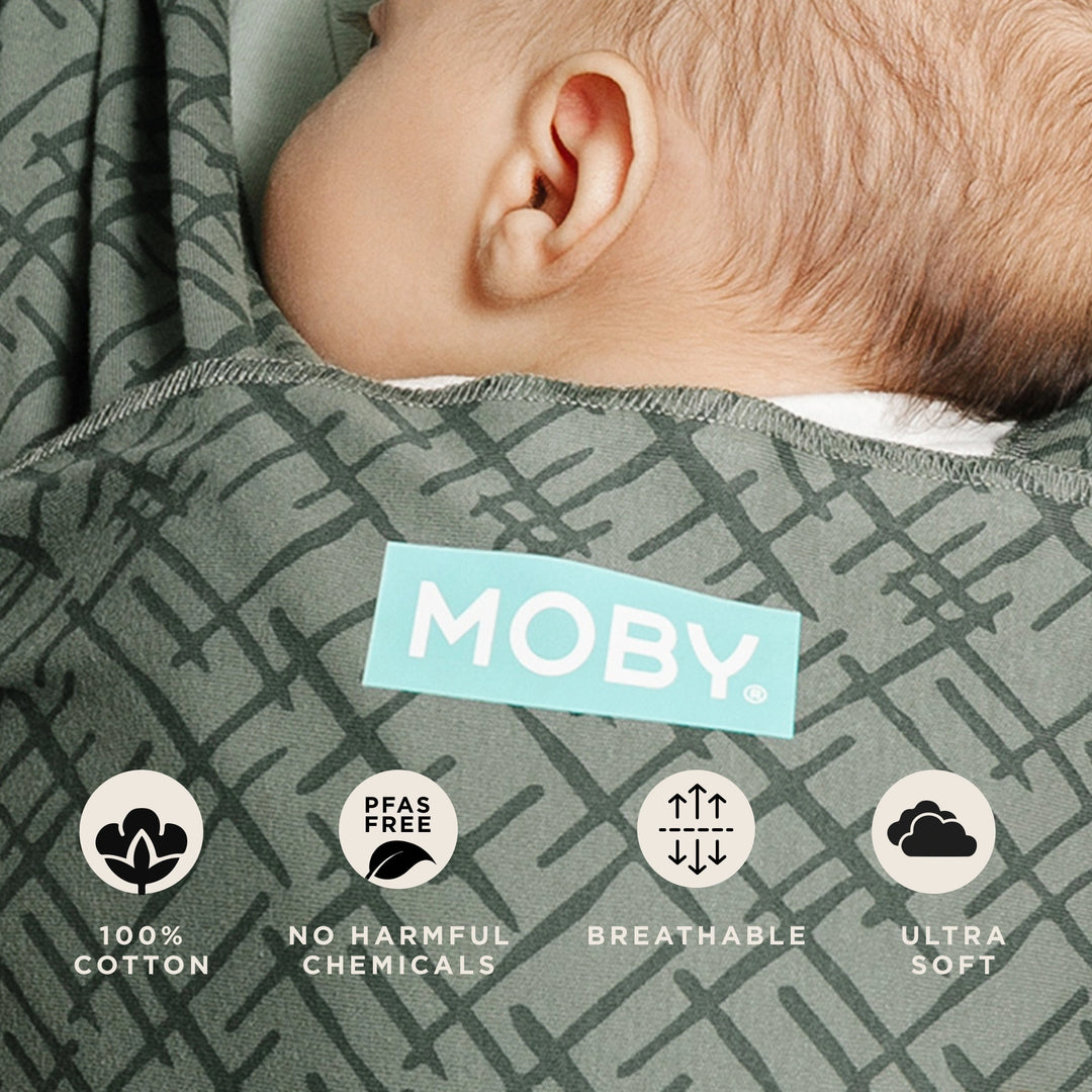 moby wrap features 100% cotton, no harmful chemicals, pfas free, breathable, ultra soft