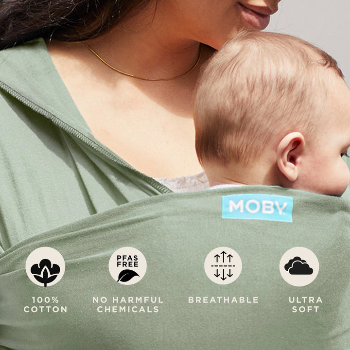 moby wrap features 100% cotton, no harmful chemicals, pfas free, breathable, ultra soft