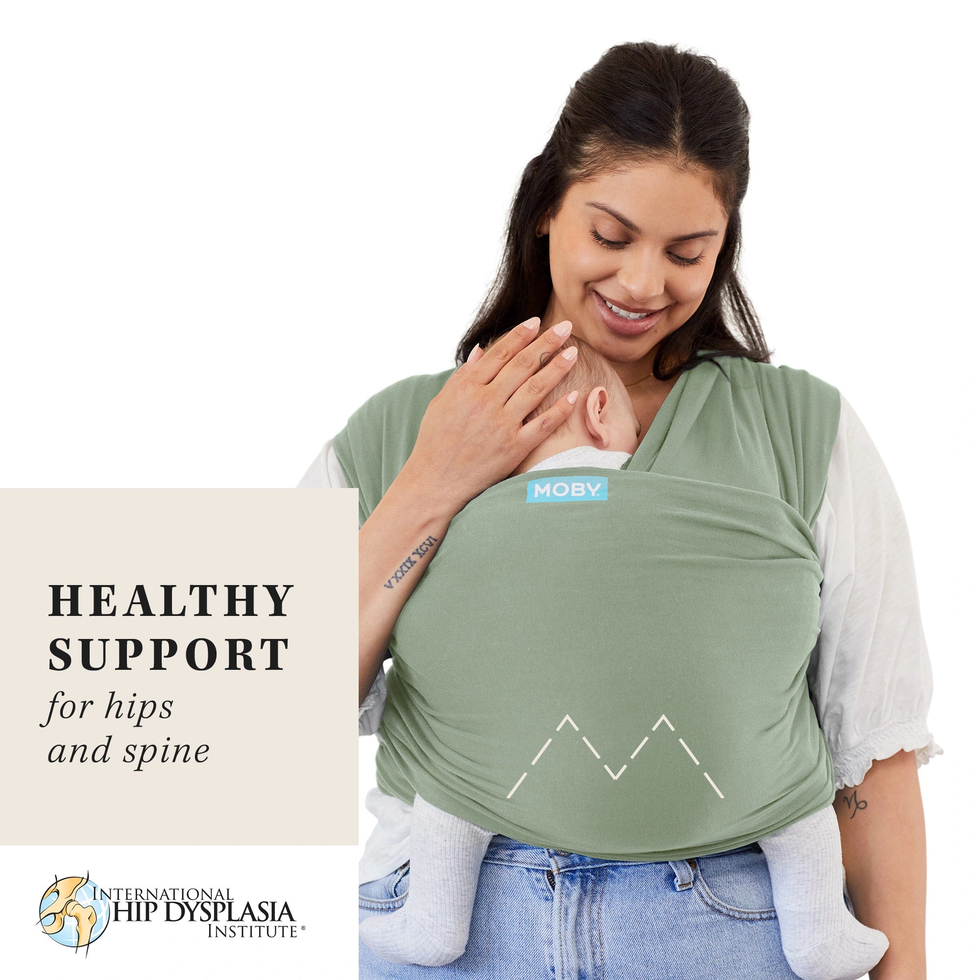 moby wrap features hip healthy support for growing babies as endorsed by the international hip dysplasia institute