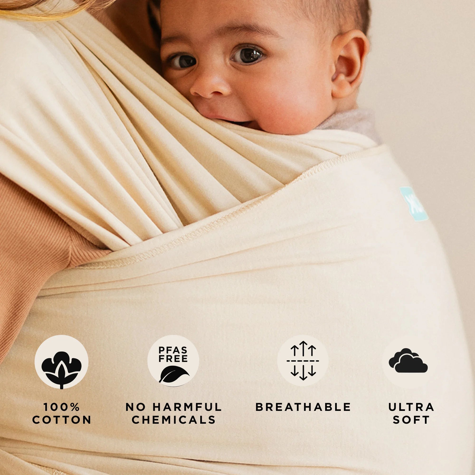 classic baby wrap in sand dollar is 100% cotton, no harmful chemicals and pfas free, breathable, and ultra soft