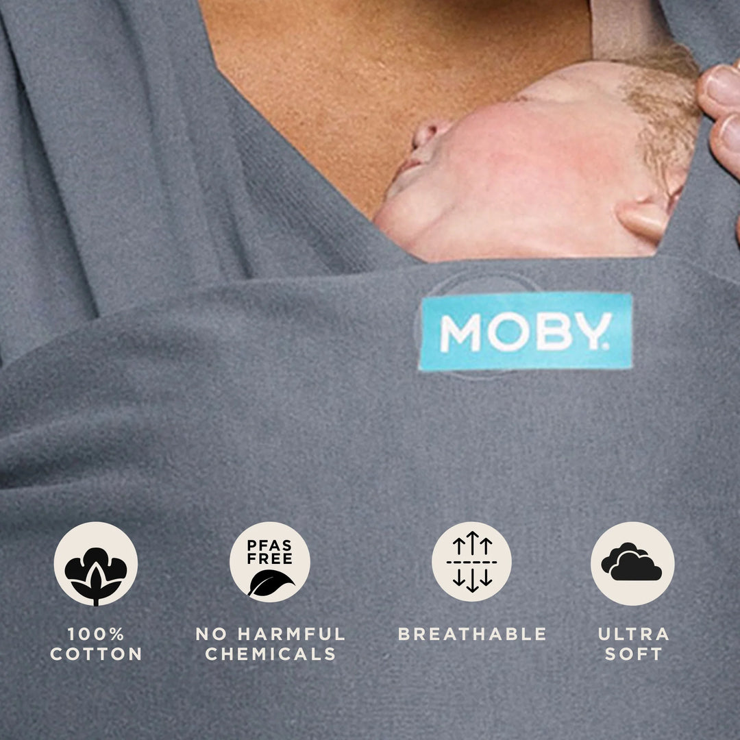 moby wrap features 100% cotton, no harmful chemicals, pfas free, breathable, ultra soft