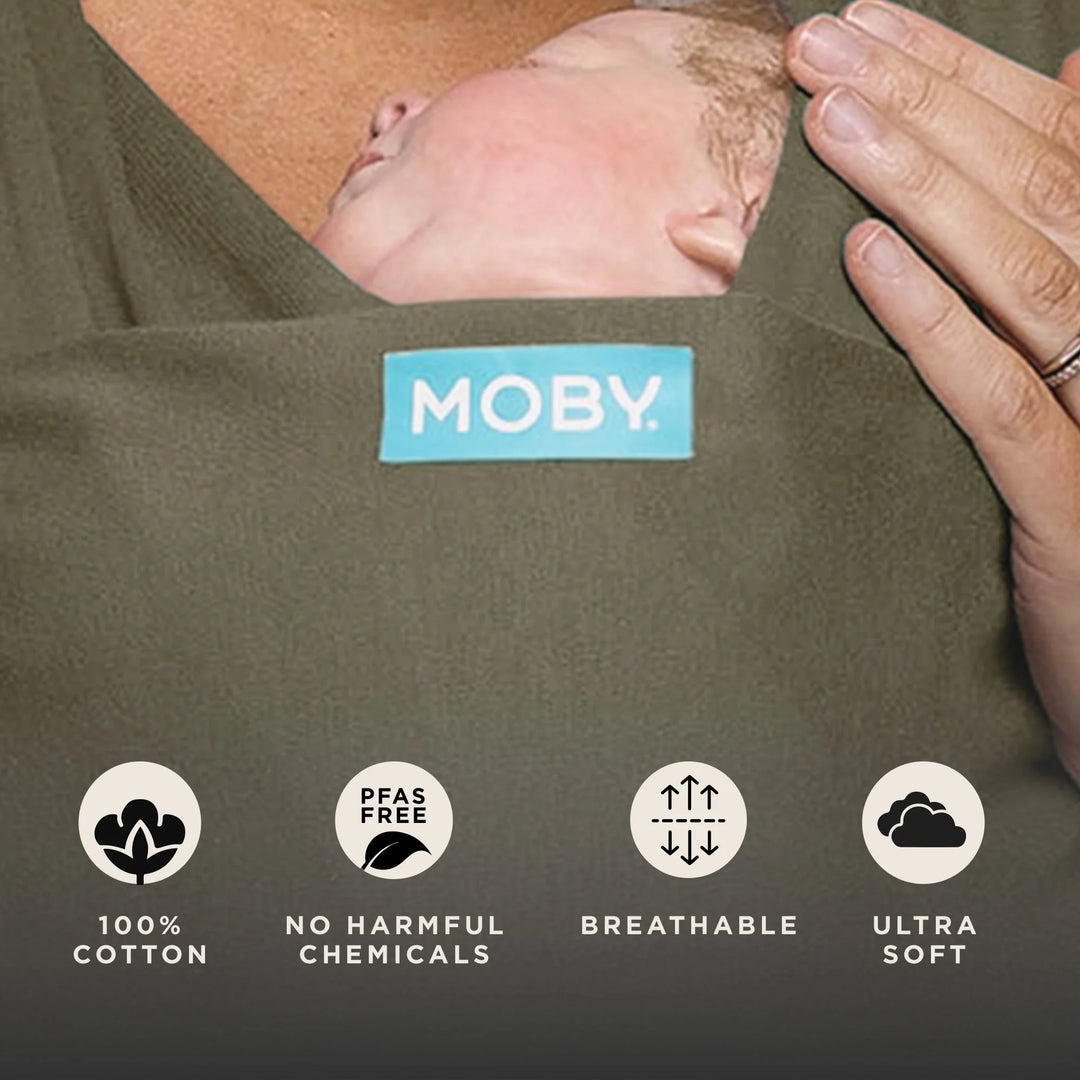 moby wrap features 100% cotton, no harmful chemicals, pfas free, breathable, ultra soft