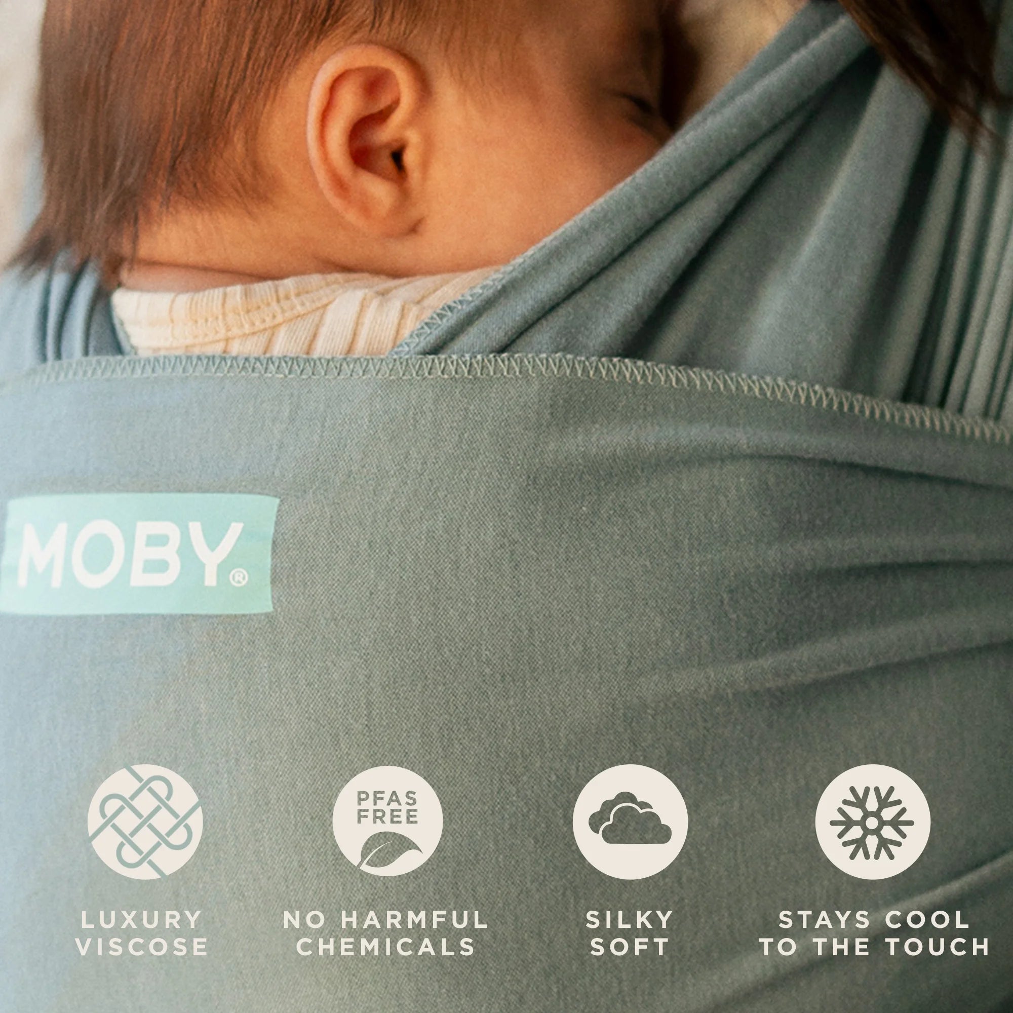 moby wrap evolution in sea glass is luxury viscose, no harmful chemicals and pfas free, silky soft, and stays cool to the touch
