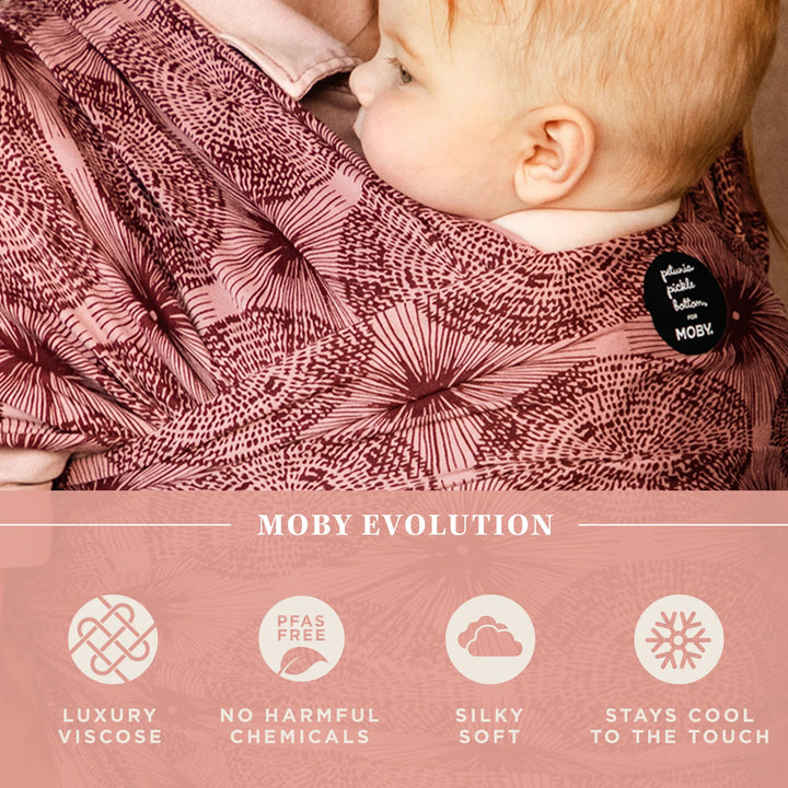 moby wrap evolution in sunbeam is luxury viscose, no harmful chemicals and pfas free, silky soft, and stays cool to the touch