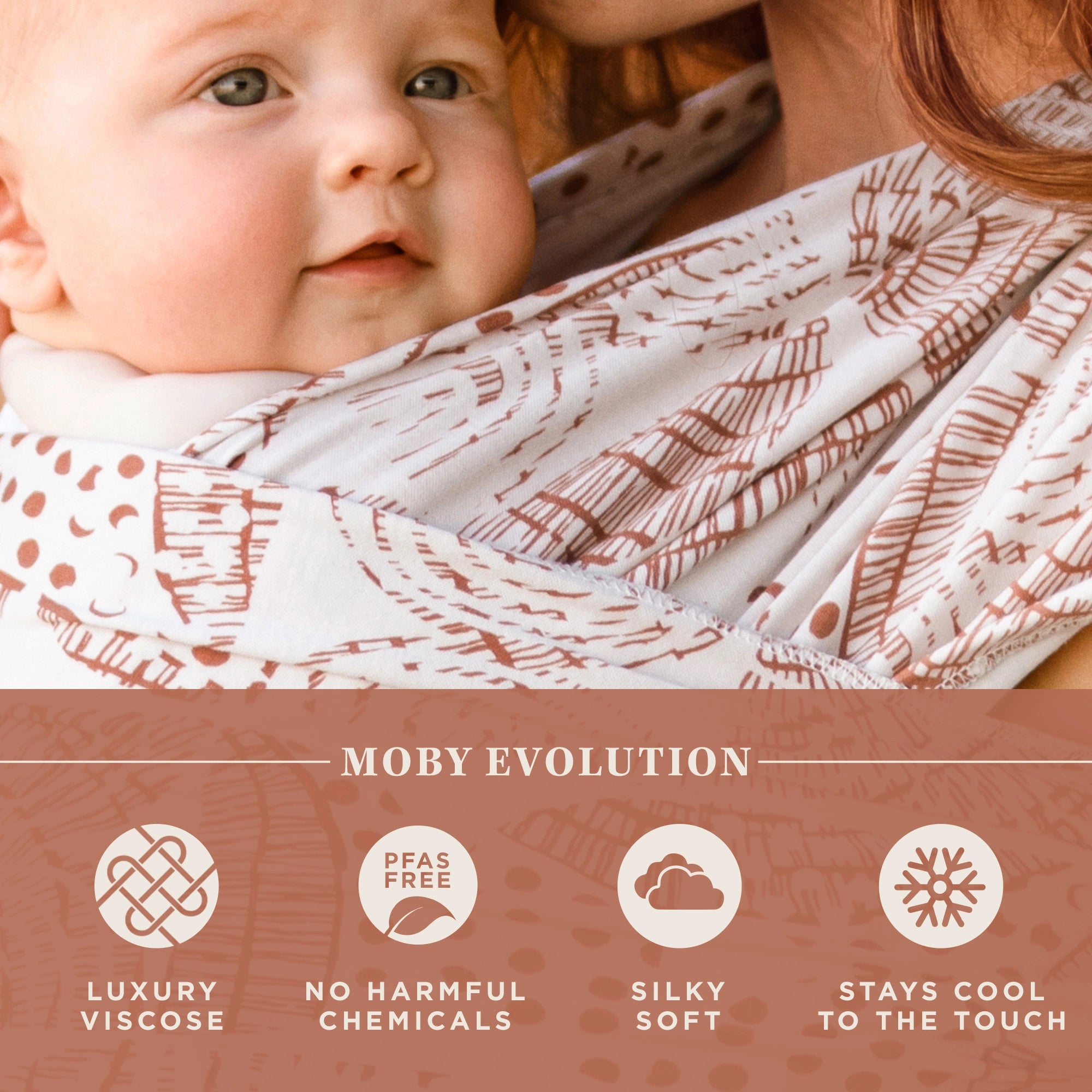 moby wrap evolution features luxury viscose, no harmful chemicals, pfas free, silky soft, stays cool to the touch