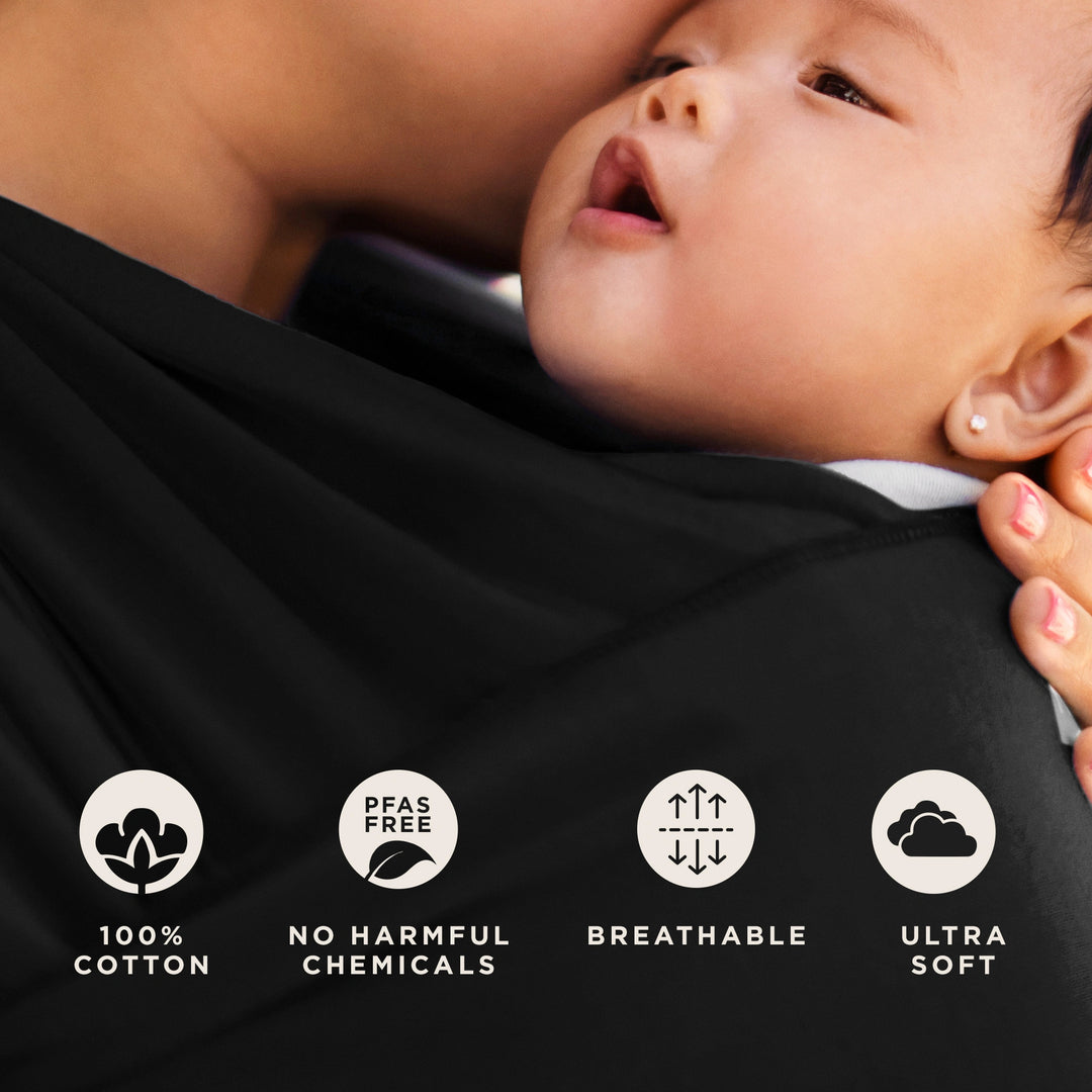 moby wrap features 100% cotton, no harmful chemicals, pfas free, breathable, ultra soft