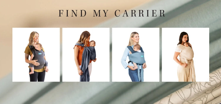 find my carrier. images of 4 moms wearing baby in different colored wraps and ring slings
