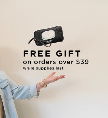 free gift on orders over $39 while supplies last. free gift is the wipes case wristlet in charcoal