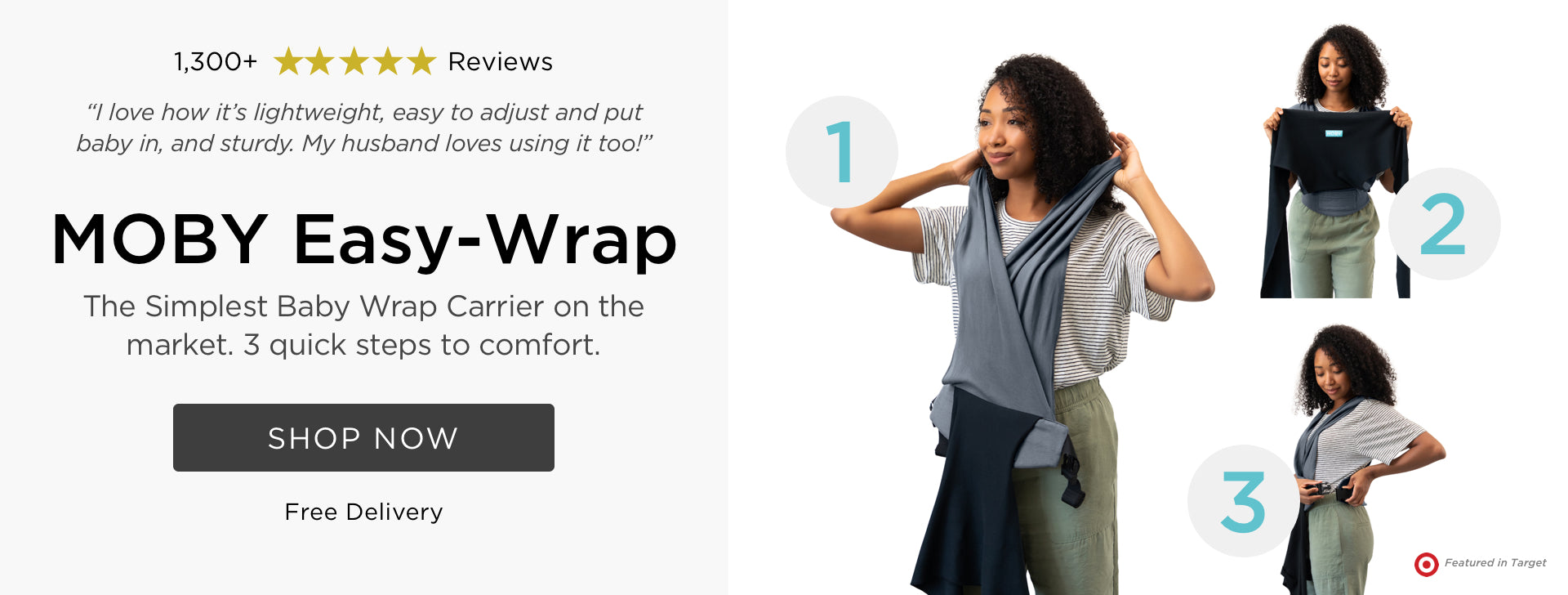 Moby Easy-Wrap Baby Carrier over 1300 5-star reviews. The simplest baby wrap carrier on the market, 3 steps to comfort. free delivery. 